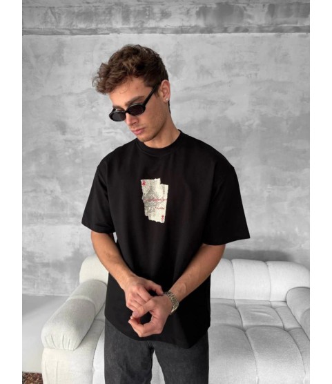 Ön Ve Arka Baskılı Oversize Bisiklet Yaka T-shirt - Siyah