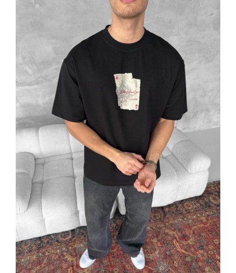 Ön Ve Arka Baskılı Oversize Bisiklet Yaka T-shirt - Siyah