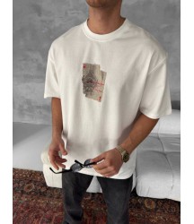 Erkek Ön Ve Arka Baskılı Oversize Bisiklet Yaka T-shirt - Beyaz