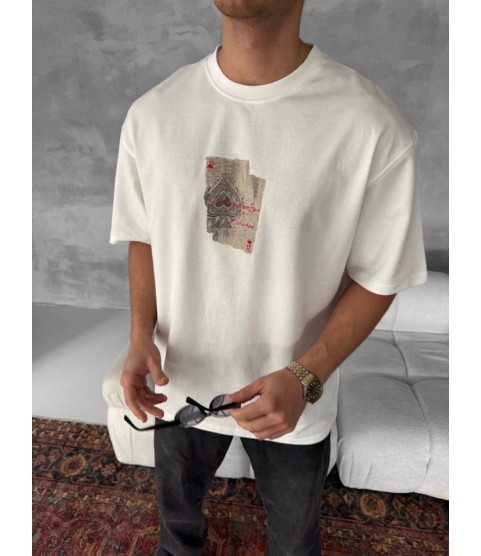 Erkek Ön Ve Arka Baskılı Oversize Bisiklet Yaka T-shirt - Beyaz