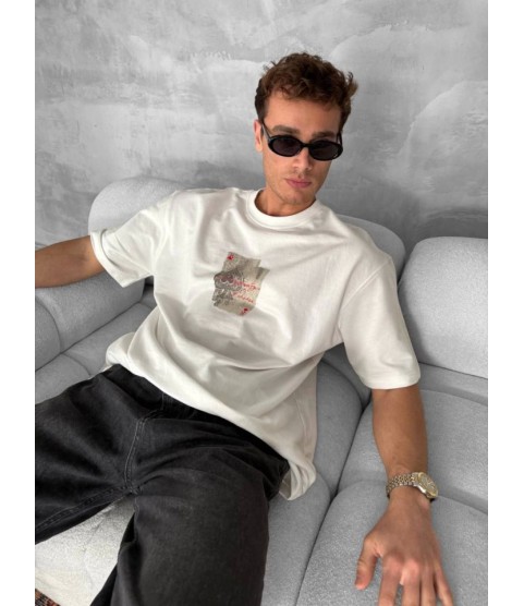 Erkek Ön Ve Arka Baskılı Oversize Bisiklet Yaka T-shirt - Beyaz