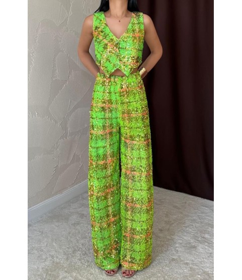 Yeşil Pullu Yelek Ve Pantolon Takım