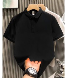 Yakası Düğmeli Yakalı Pike Düz T-Shirt - Siyah