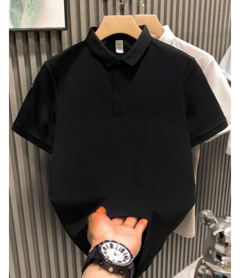 Yakası Düğmeli Yakalı Pike Düz T-Shirt - Siyah