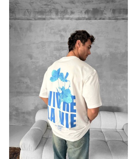 Ön Ve Arka Baskılı Oversize Bisiklet Yaka T-shirt- Beyaz