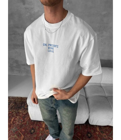 Ön Ve Arka Baskılı Oversize Bisiklet Yaka T-shirt- Beyaz