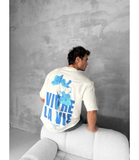 Ön Ve Arka Baskılı Oversize Bisiklet Yaka T-shirt- Beyaz