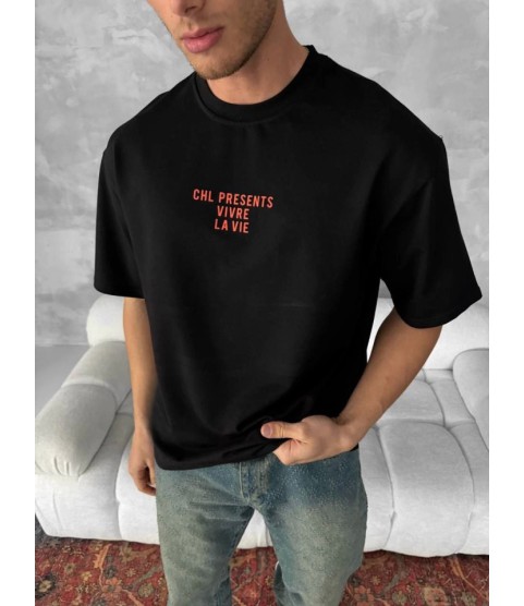 Ön Ve Arka Baskılı Oversize Bisiklet Yaka T-shirt- Siyah
