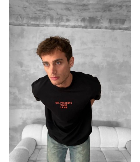 Ön Ve Arka Baskılı Oversize Bisiklet Yaka T-shirt- Siyah