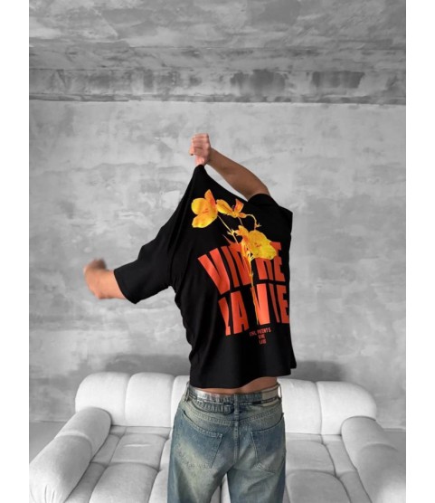 Ön Ve Arka Baskılı Oversize Bisiklet Yaka T-shirt- Siyah