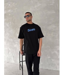 Ön Ve Arka Baskılı Oversize Bisiklet Yaka T-shirt- Siyah