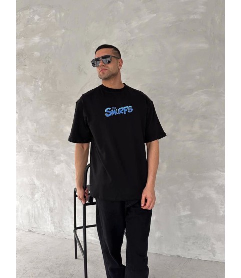 Ön Ve Arka Baskılı Oversize Bisiklet Yaka T-shirt- Siyah
