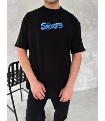 Ön Ve Arka Baskılı Oversize Bisiklet Yaka T-shirt- Siyah
