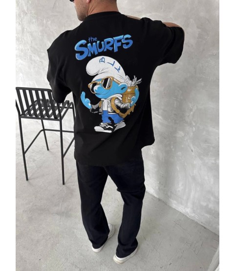 Ön Ve Arka Baskılı Oversize Bisiklet Yaka T-shirt- Siyah