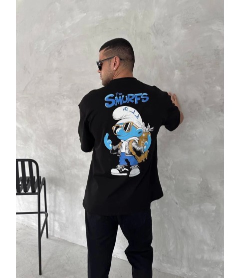 Ön Ve Arka Baskılı Oversize Bisiklet Yaka T-shirt- Siyah