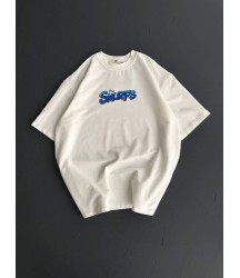Ön Ve Arka Baskılı Oversize Bisiklet Yaka T-shirt- Beyaz
