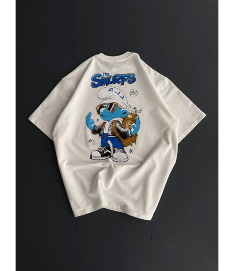 Ön Ve Arka Baskılı Oversize Bisiklet Yaka T-shirt- Beyaz