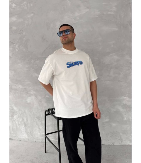 Ön Ve Arka Baskılı Oversize Bisiklet Yaka T-shirt- Beyaz