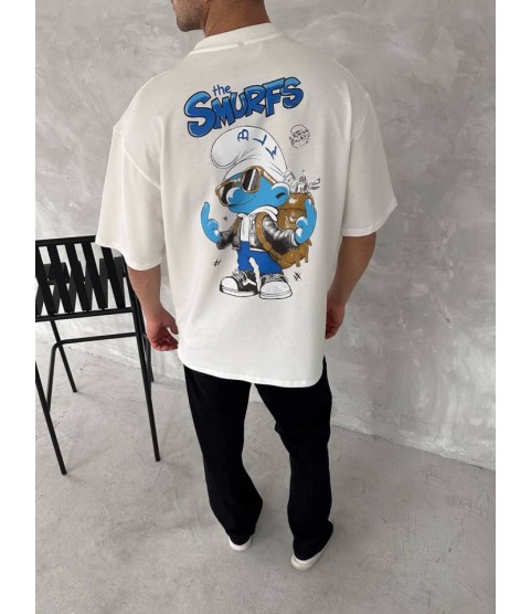 Ön Ve Arka Baskılı Oversize Bisiklet Yaka T-shirt- Beyaz
