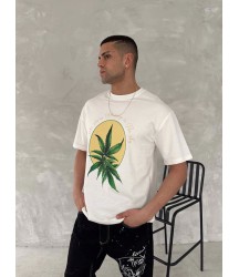 Ön Ve Arka Baskılı Oversize Bisiklet Yaka T-shirt- Beyaz