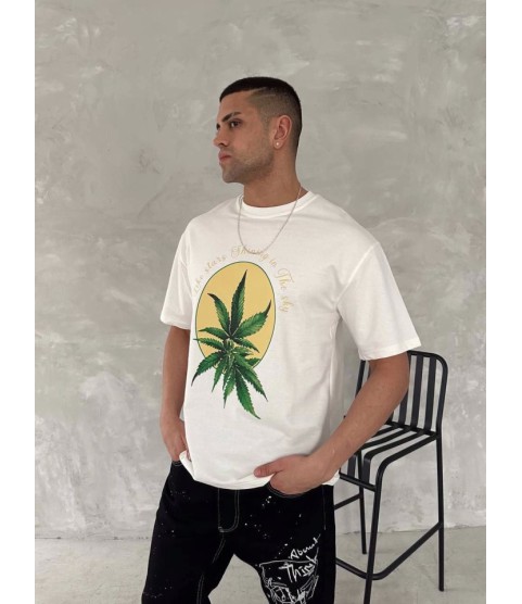 Ön Ve Arka Baskılı Oversize Bisiklet Yaka T-shirt- Beyaz