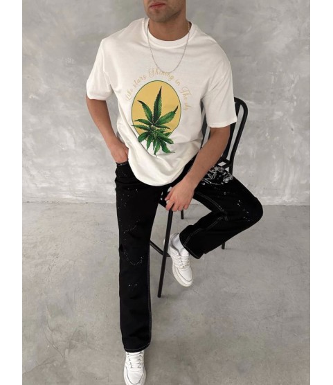 Ön Ve Arka Baskılı Oversize Bisiklet Yaka T-shirt- Beyaz