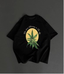 Ön Ve Arka Baskılı Oversize Bisiklet Yaka T-shirt- Siyah
