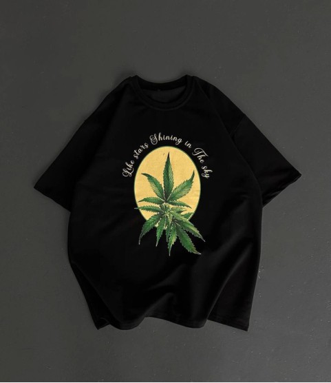 Ön Ve Arka Baskılı Oversize Bisiklet Yaka T-shirt- Siyah