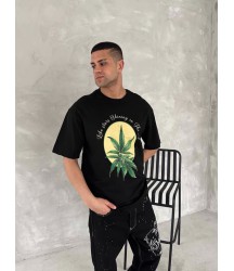 Ön Ve Arka Baskılı Oversize Bisiklet Yaka T-shirt- Siyah
