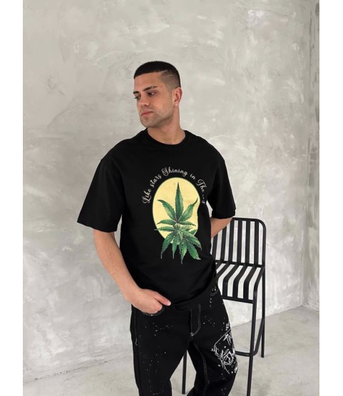 Ön Ve Arka Baskılı Oversize Bisiklet Yaka T-shirt- Siyah