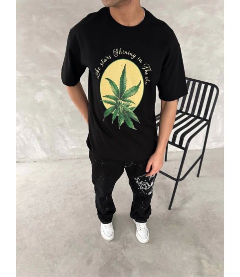 Ön Ve Arka Baskılı Oversize Bisiklet Yaka T-shirt- Siyah