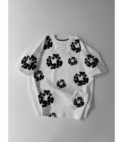 Ön Ve Arka Baskılı Oversize Bisiklet Yaka T-shirt- Beyaz