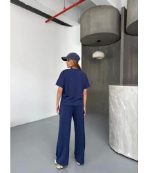 Osy Modal Yumuşak Dokulu Kumaş Kısa Kollu Bluz Rahat Pantalon Ikili Takım- Lacivert