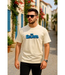 Ön Ve Arka Baskılı Oversize Bisiklet Yaka T-shirt- Beyaz