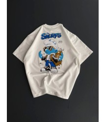 Ön Ve Arka Baskılı Oversize Bisiklet Yaka T-shirt- Beyaz