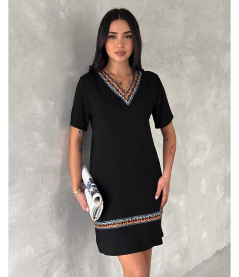 Kadın Kısa Kollu V Yakalı Etnik Desen şerit Detaylı Viskon Elbise Kadın Kısa Kollu V Yakalı Etnik Desen şerit Detaylı Viskon Elbise
