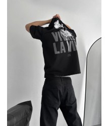 Baskılı Oversize Bisiklet Yaka T-shirt - Siyah