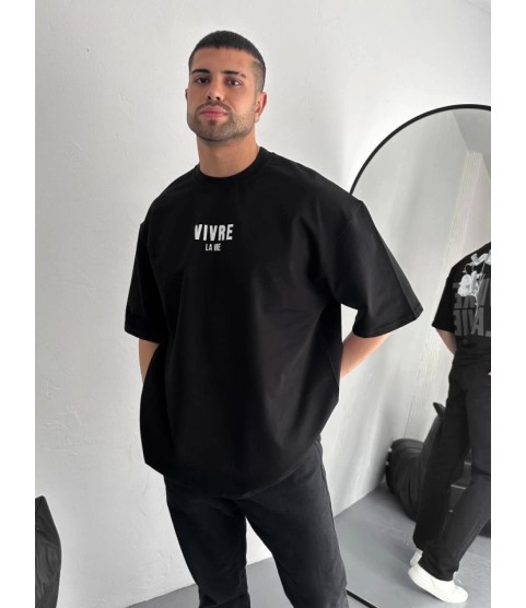 Baskılı Oversize Bisiklet Yaka T-shirt - Siyah