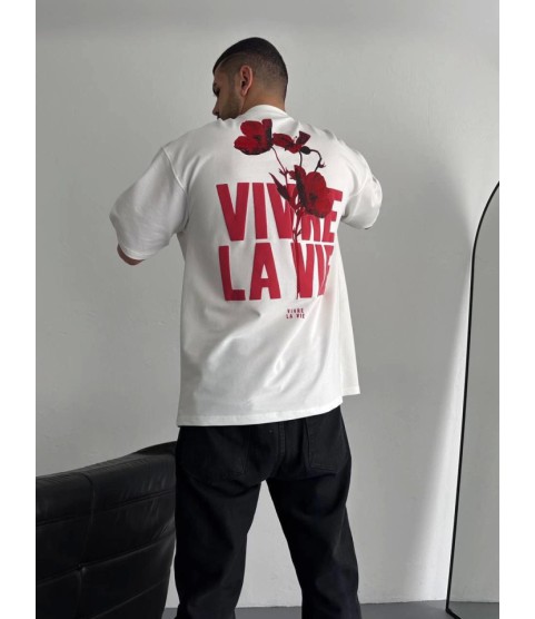 Baskılı Oversize Bisiklet Yaka T-shirt - Beyaz