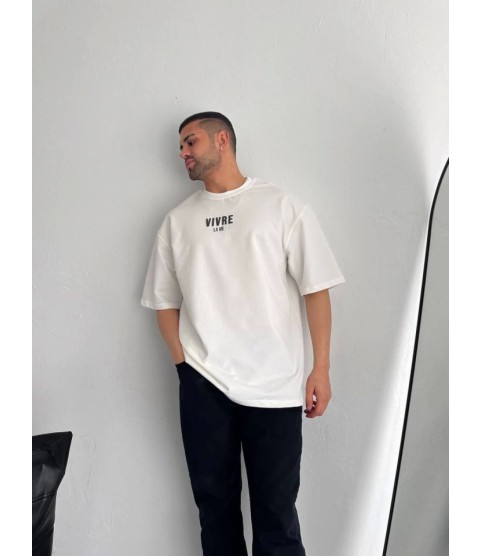 Baskılı Oversize Bisiklet Yaka T-shirt - Beyaz