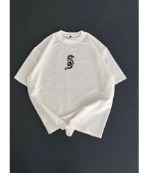 Baskılı Oversize Bisiklet Yaka T-shirt - Beyaz