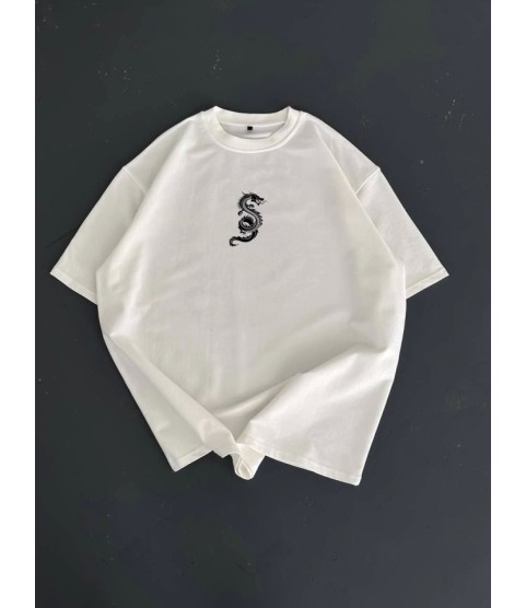 Baskılı Oversize Bisiklet Yaka T-shirt - Beyaz
