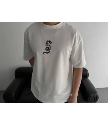 Baskılı Oversize Bisiklet Yaka T-shirt - Beyaz