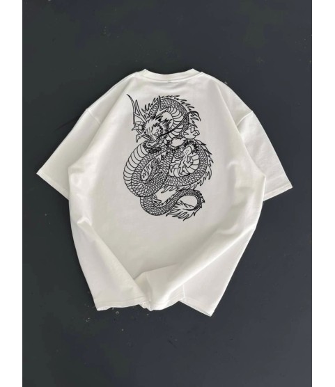 Baskılı Oversize Bisiklet Yaka T-shirt - Beyaz