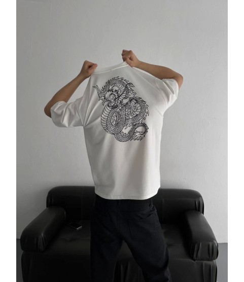 Baskılı Oversize Bisiklet Yaka T-shirt - Beyaz