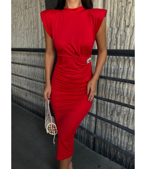 Kadın Bisiklet Yaka Vatkalı Broş Detay Kısa Kol Midi Boy Elbise