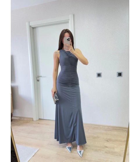 Kolsuz Büzgülü Uzun Elbise - Füme
