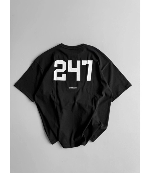 Baskılı Oversize Bisiklet Yaka T-shirt - Siyah