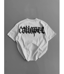 Baskılı Oversize Bisiklet Yaka T-shirt - Beyaz
