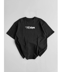 Baskılı Oversize Bisiklet Yaka T-shirt - Siyah